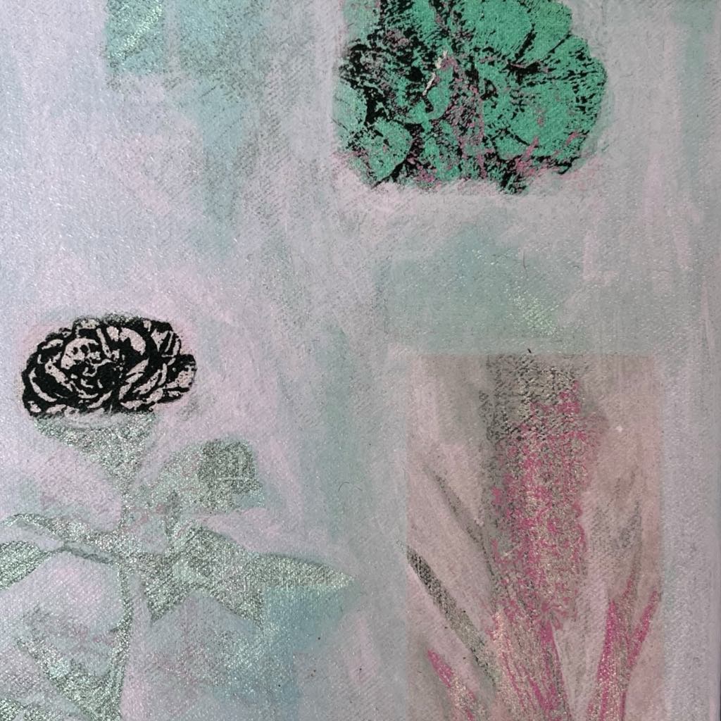 An original mixed media painting on canvas of a rose on a light pink background by Annette Sullivan Art