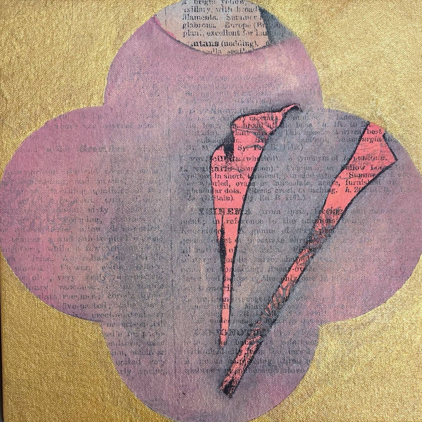 An original mixed media painting of a pink flower on a gold and pink background by Annette Sullivan Art