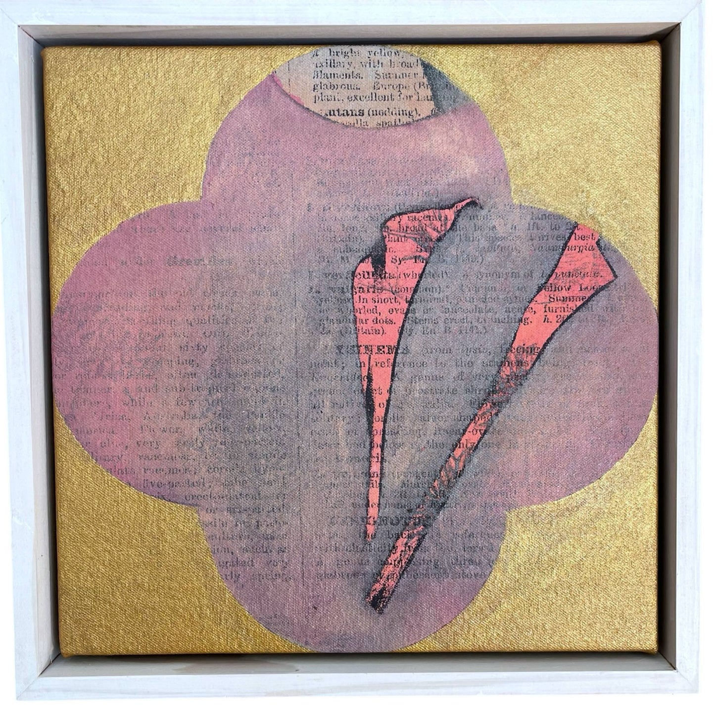 An original mixed media painting of a pink flower on a gold and pink background in a white wash wood frame