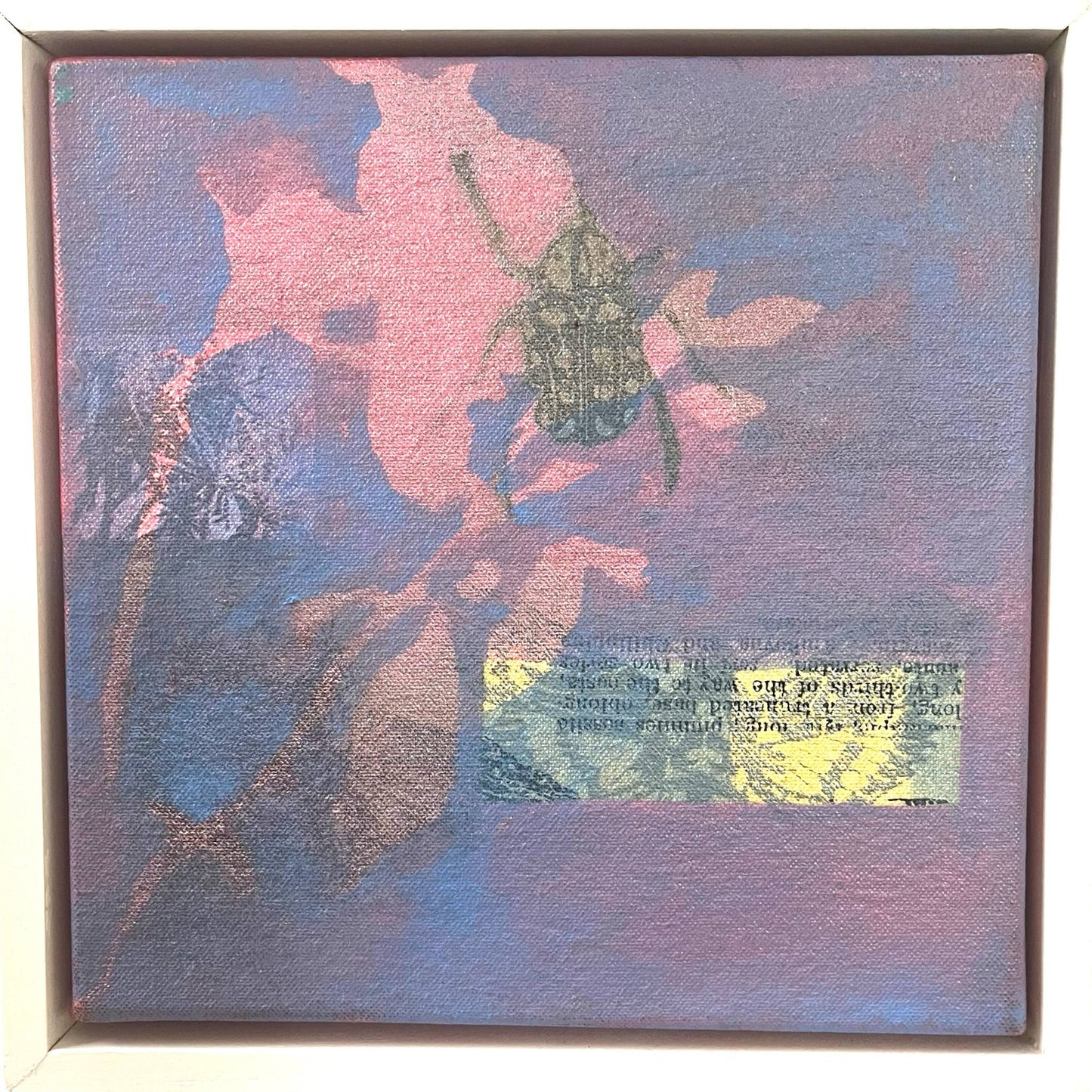 An original mixed media painting on canvas of pink flowers and bug on a purpley pinkbackground in a white wood frame by Annette Sullivan Art