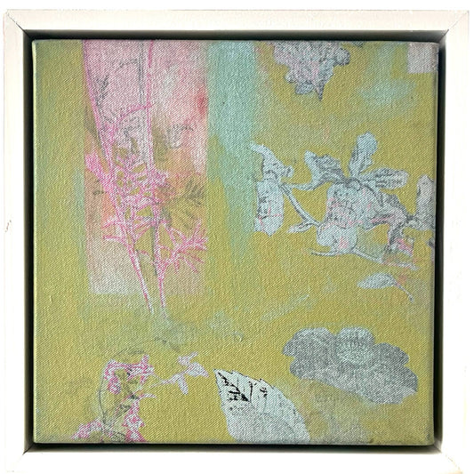 An original mixed media painting on canvas of flowers and on a yellow background in a white wood frame