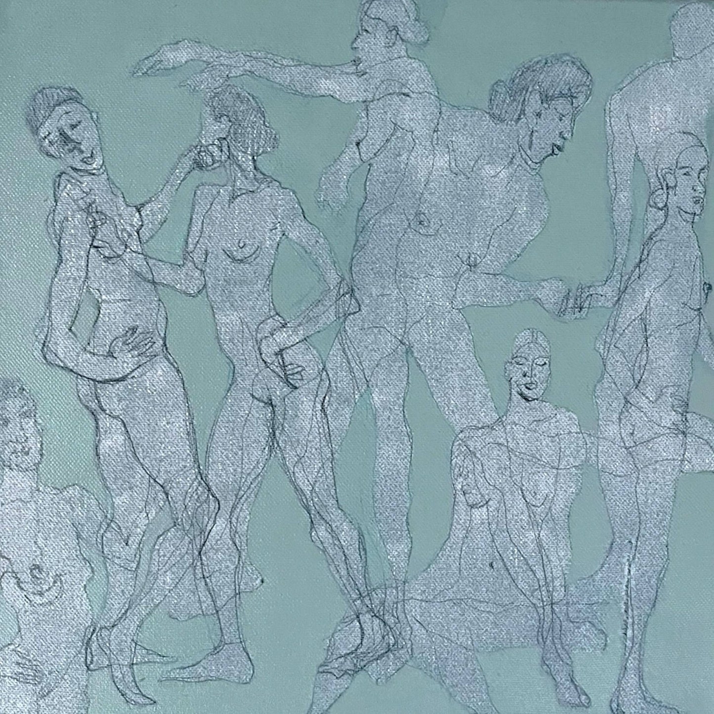 An original mixed media painting on canvas of figures and on a blue background in a white wash wood frame by Annette Sullivan Art