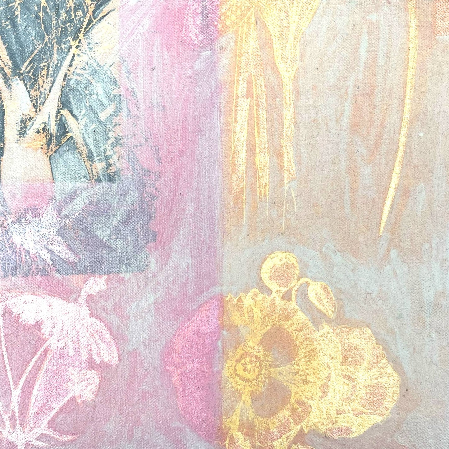 An original mixed media painting on canvas of flowers and on a pink and white background in a white wood frame by Annette Sullivan Art