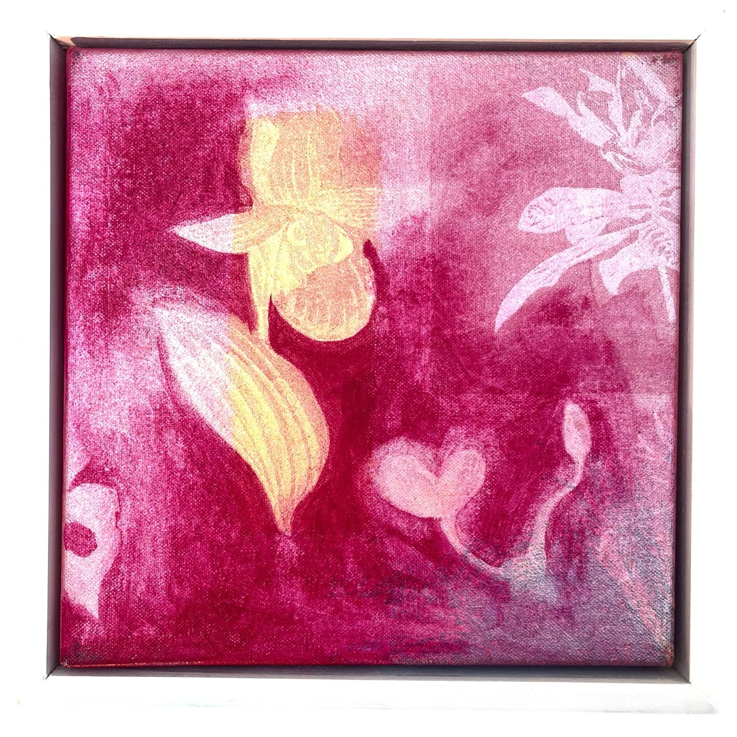 An original mixed media painting on canvas of flowers and on a pink background in a white wood frame