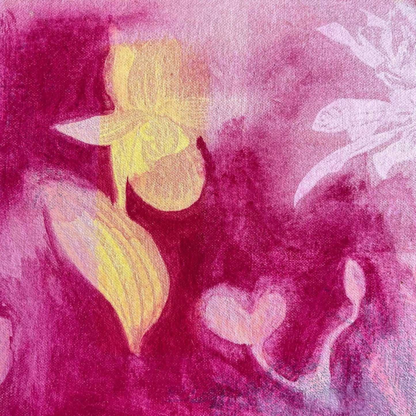 An original mixed media painting on canvas of flowers and on a pink background in a white wood frame by Annette Sullivan Art