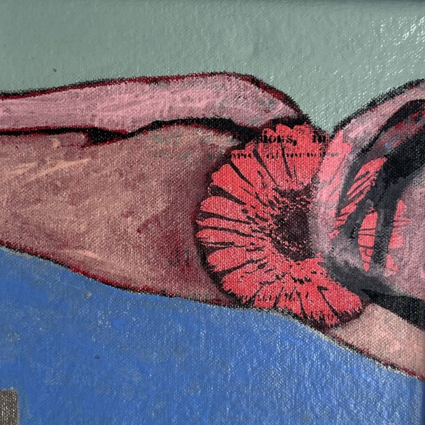 An original mixed media painting on canvas of a figure and flowers on a blue background in a white wood frame by Annette Sullivan art