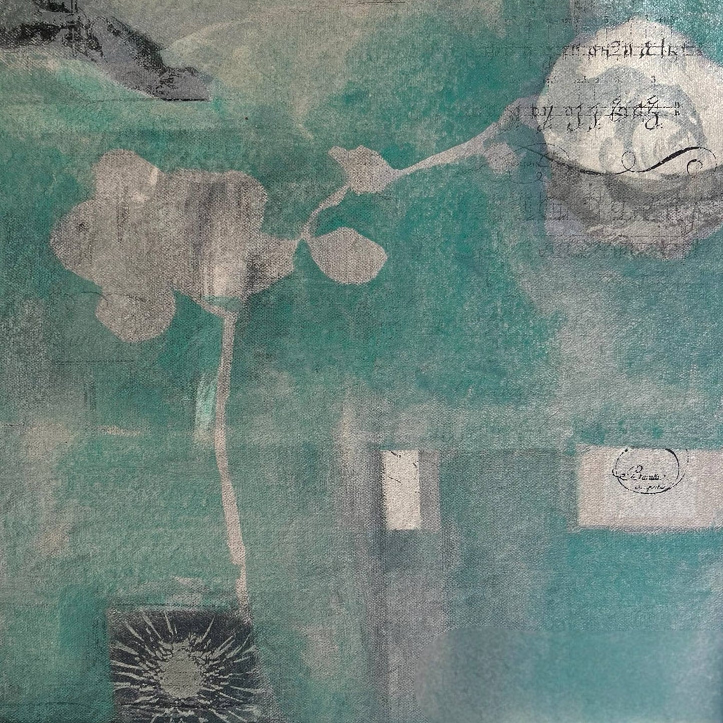 An original mixed media painting on canvas of flowers and music on a turquoise background in a white wash wood frame by Annette Sullivan Art
