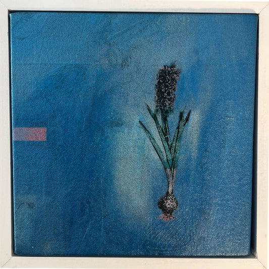 An original mixed media painting of flower and bulb on a blue background in a white wood frame