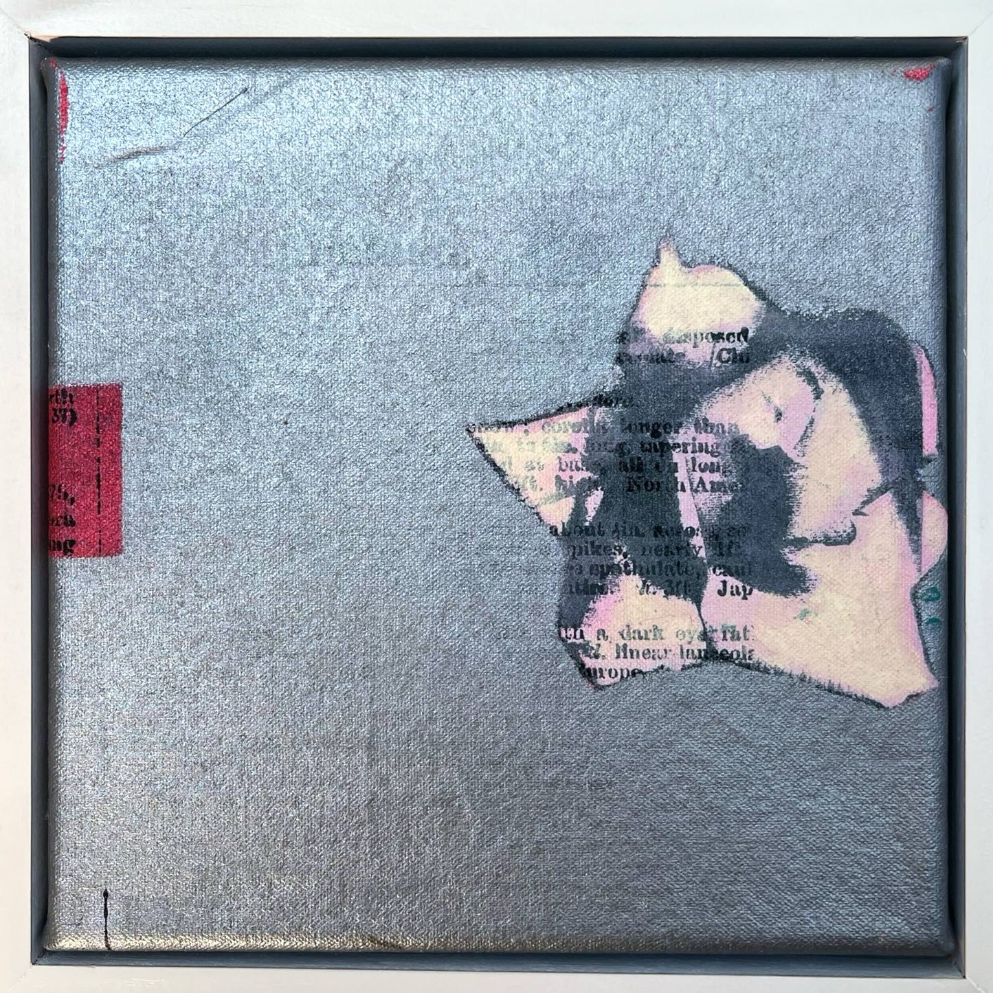 An original mixed media painting on canvas of a pink rose and on a silver background in a white wood frame by Annette Sullivan Art