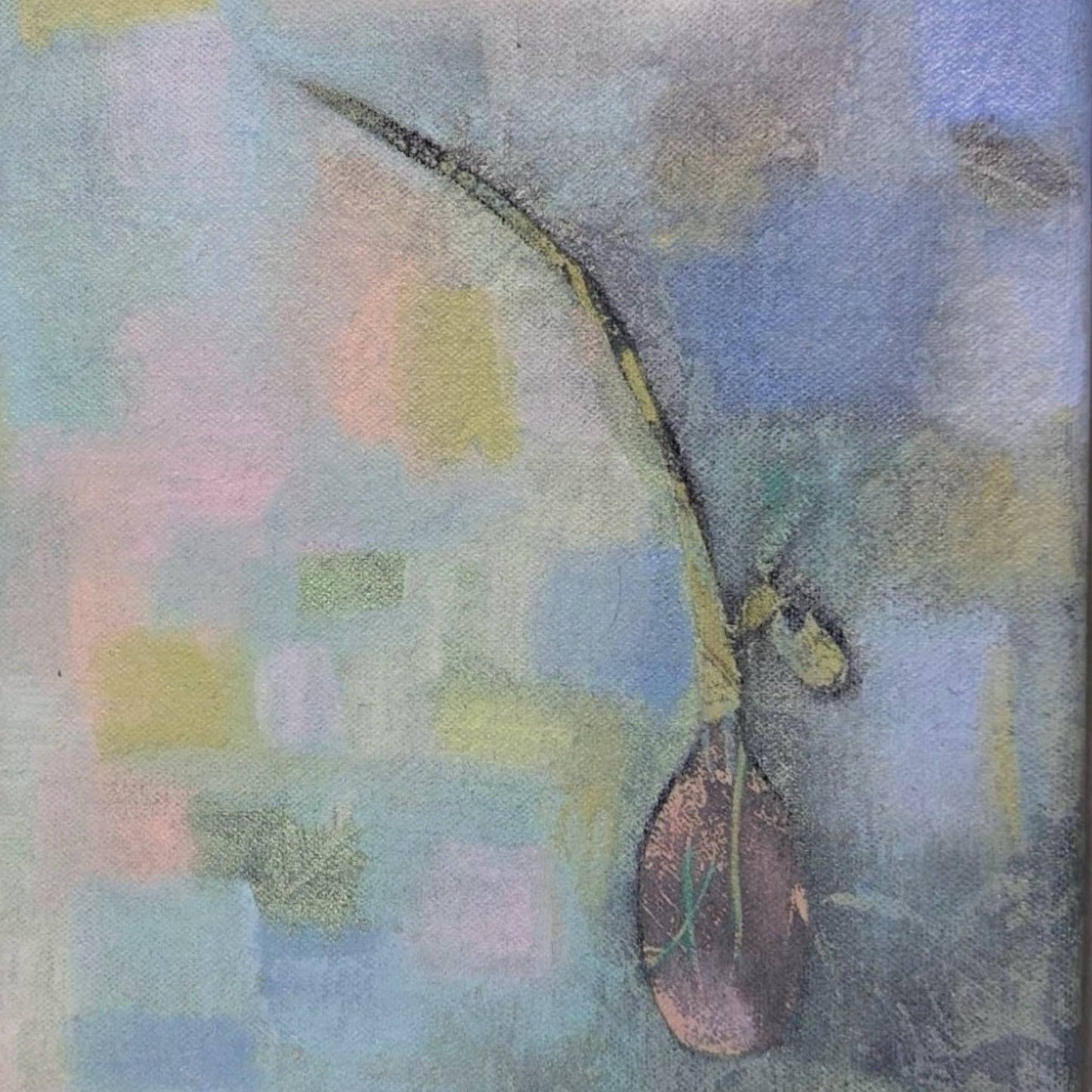 An original mixed media painting on canvas of stem in a vase and on a colouful background in a white wood frame by Annette Sullivan Art