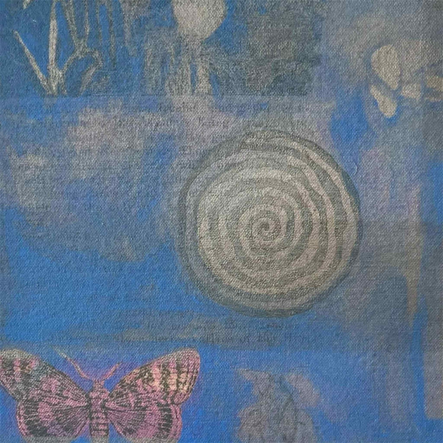 An original mixed media painting of a spiral and butterfly on a blue background by Annette Sullivan Art