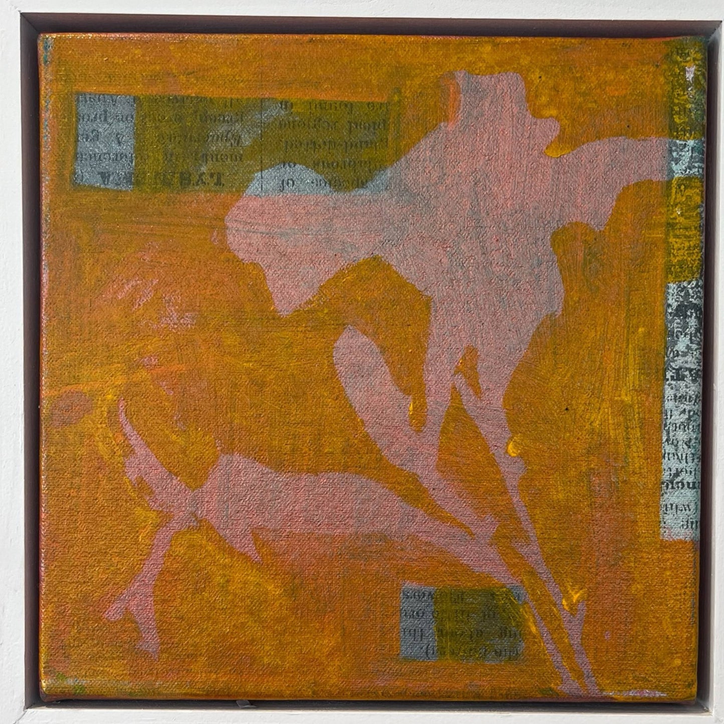 An original mixed media painting on canvas of pink flowers and on a orange background in a white wood frame by Annette Sullivan