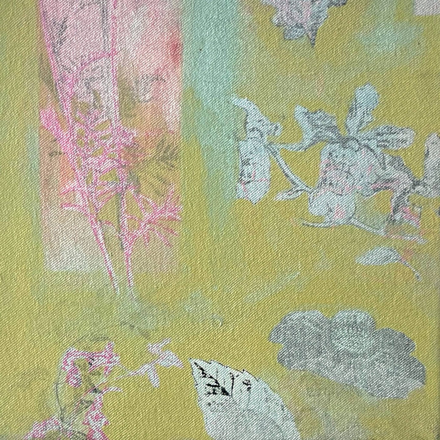 An original mixed media painting on canvas of flowers and on a yellow background in a white wood frame by Annette Sullivan Art
