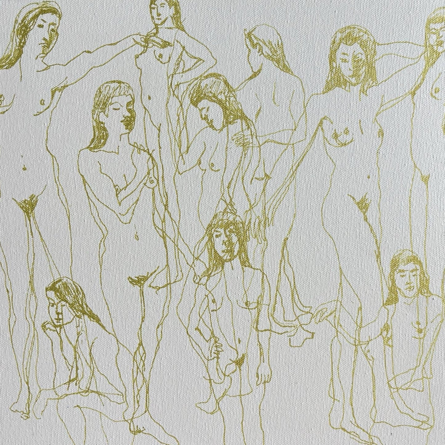 An original mixed media painting on canvas of figures on a white background in a white wood frame by Annette Sullivan