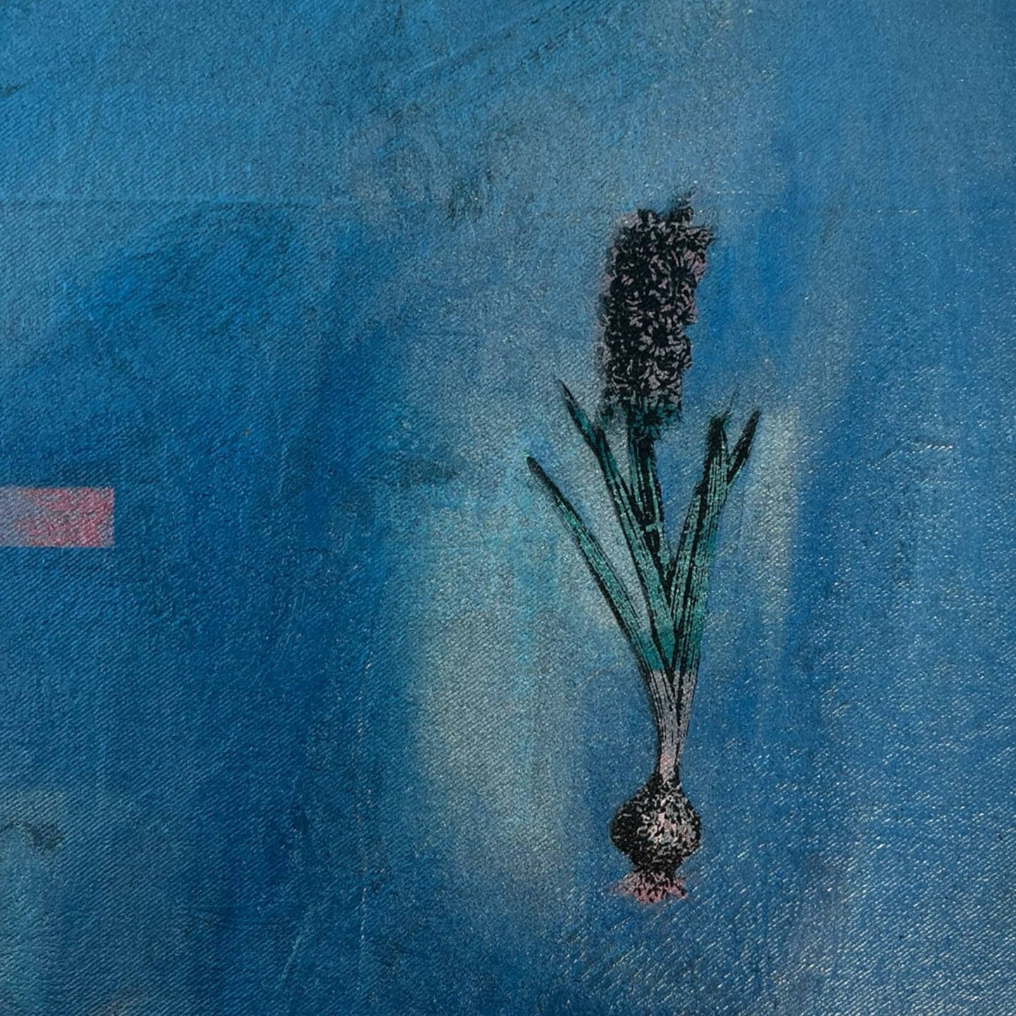 An original mixed media painting of flower and bulb on a blue background by Annette Sullivan Art