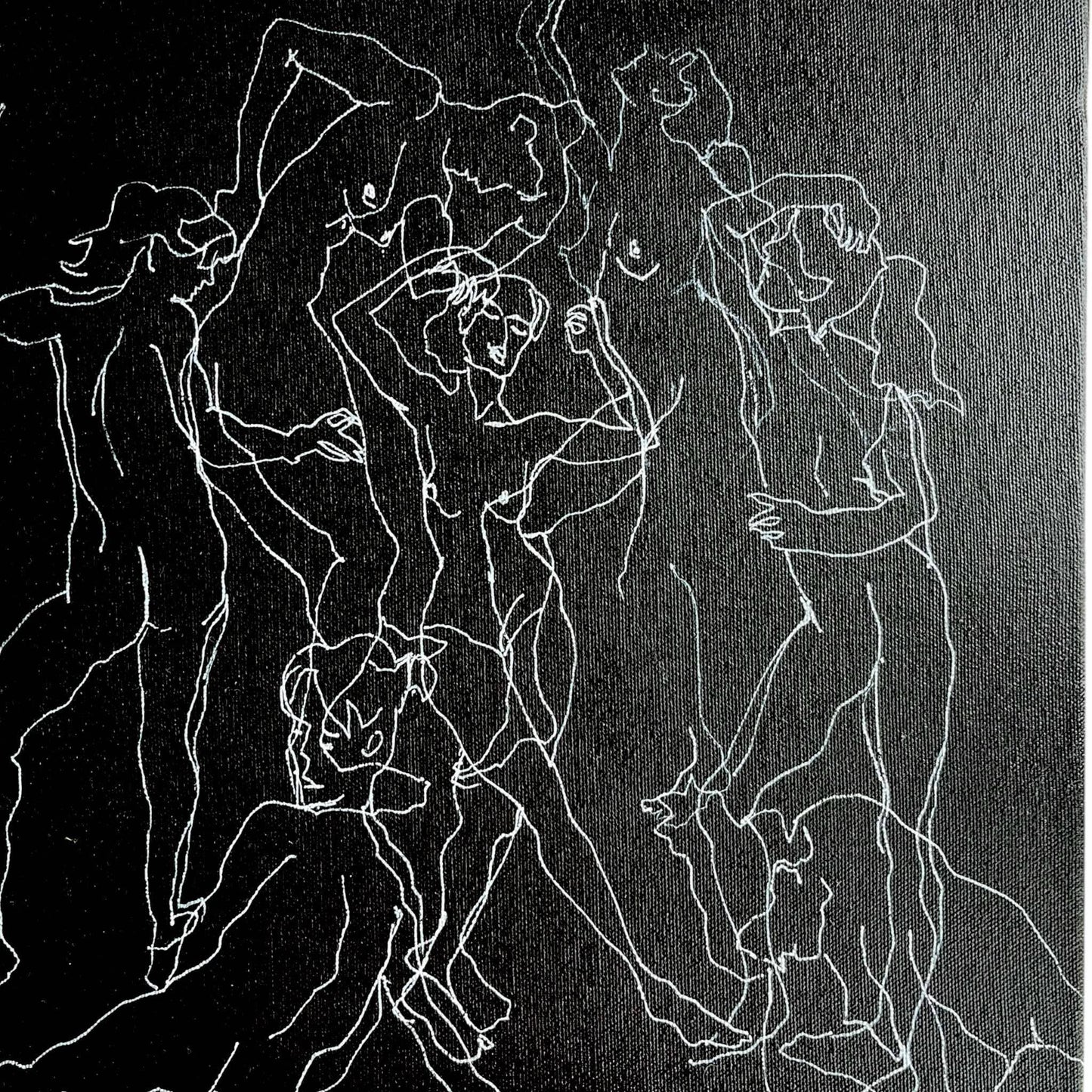 An original mixed media artwork on canvas of figures on a black background in a white wood frame by Annette Sullivan Art