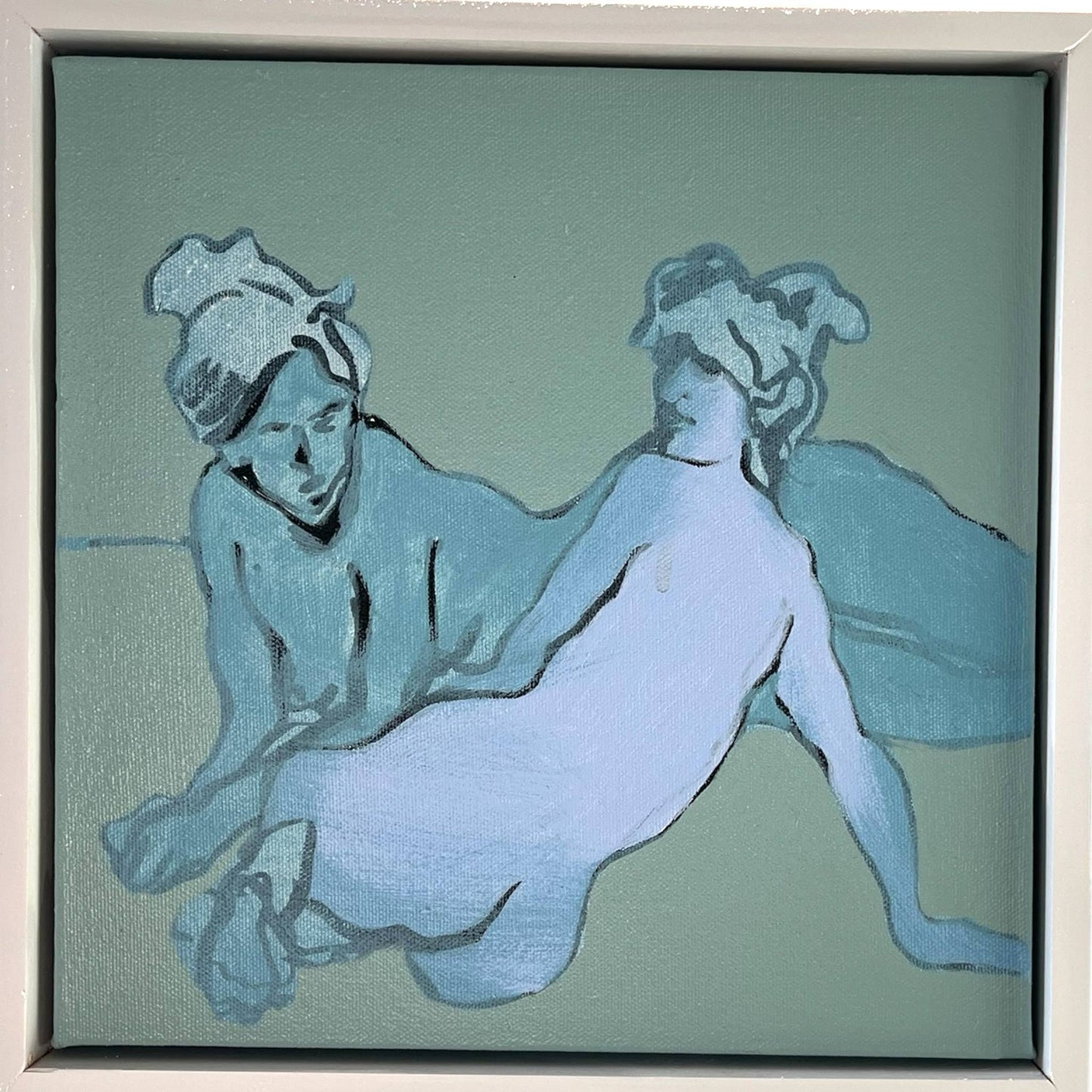 Original Mixed media painting of figures on canvas with a blue background in a white wash frame