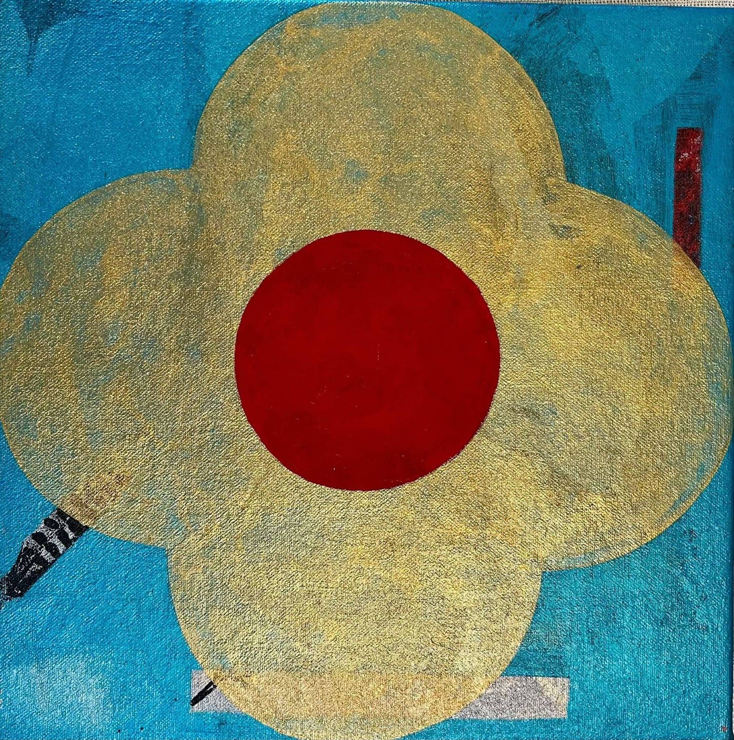 An original mixed media painting on canvas of an abstract gold flower on a blue background in a white wash wood frame by Annette Sullivan Art