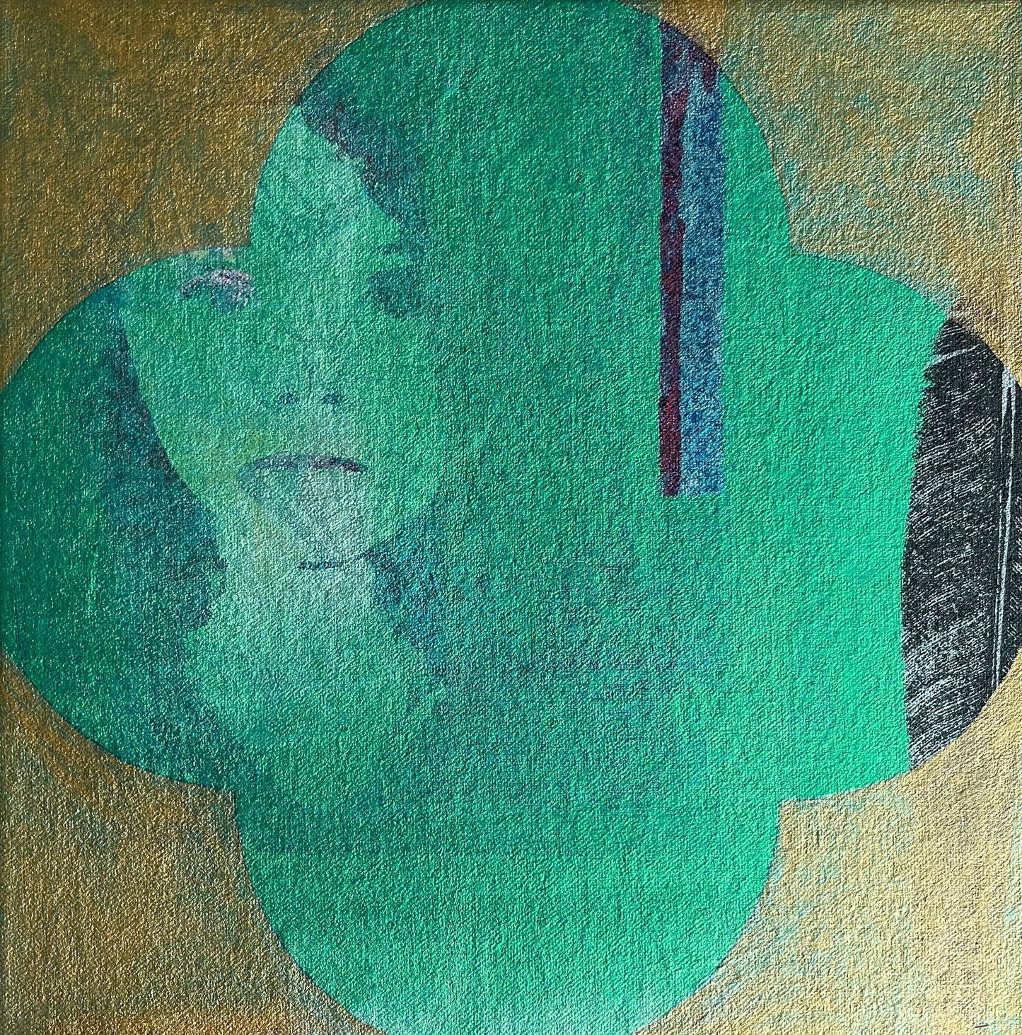 Sold Original Mixed Media Painting on Canvas of a face and abstract shapes in green, gold Framed by Annette Sullivan Art