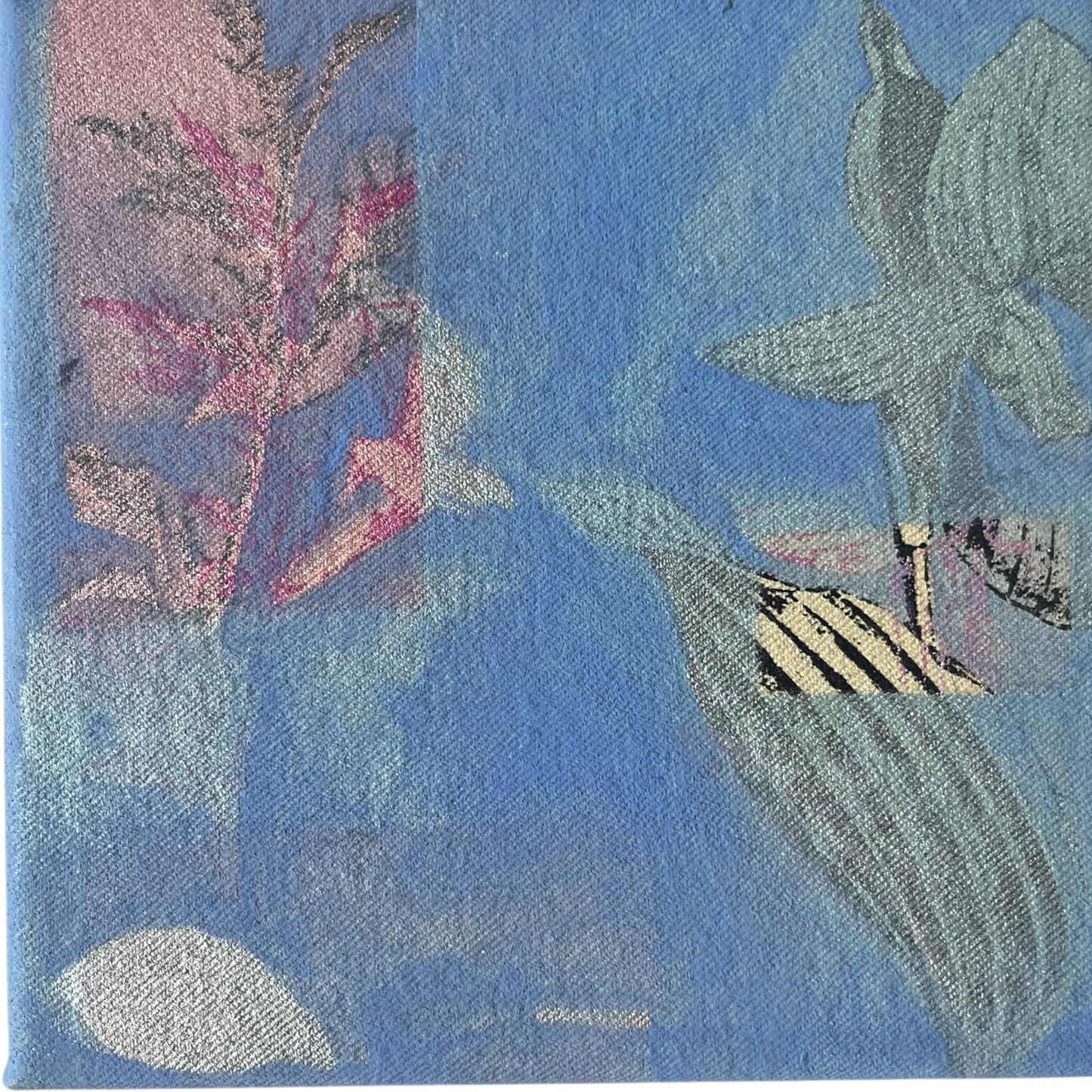 An original mixed media painting on canvas of plants and a bird on a blue background in a white wood frame by Annette Sullivan Art