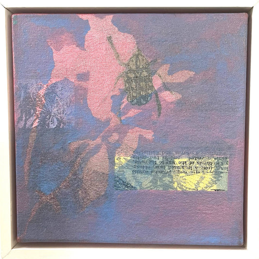 An original mixed media painting on canvas of pink flowers and bug on a purpley pinkbackground in a white wood frame by Annette Sullivan Art