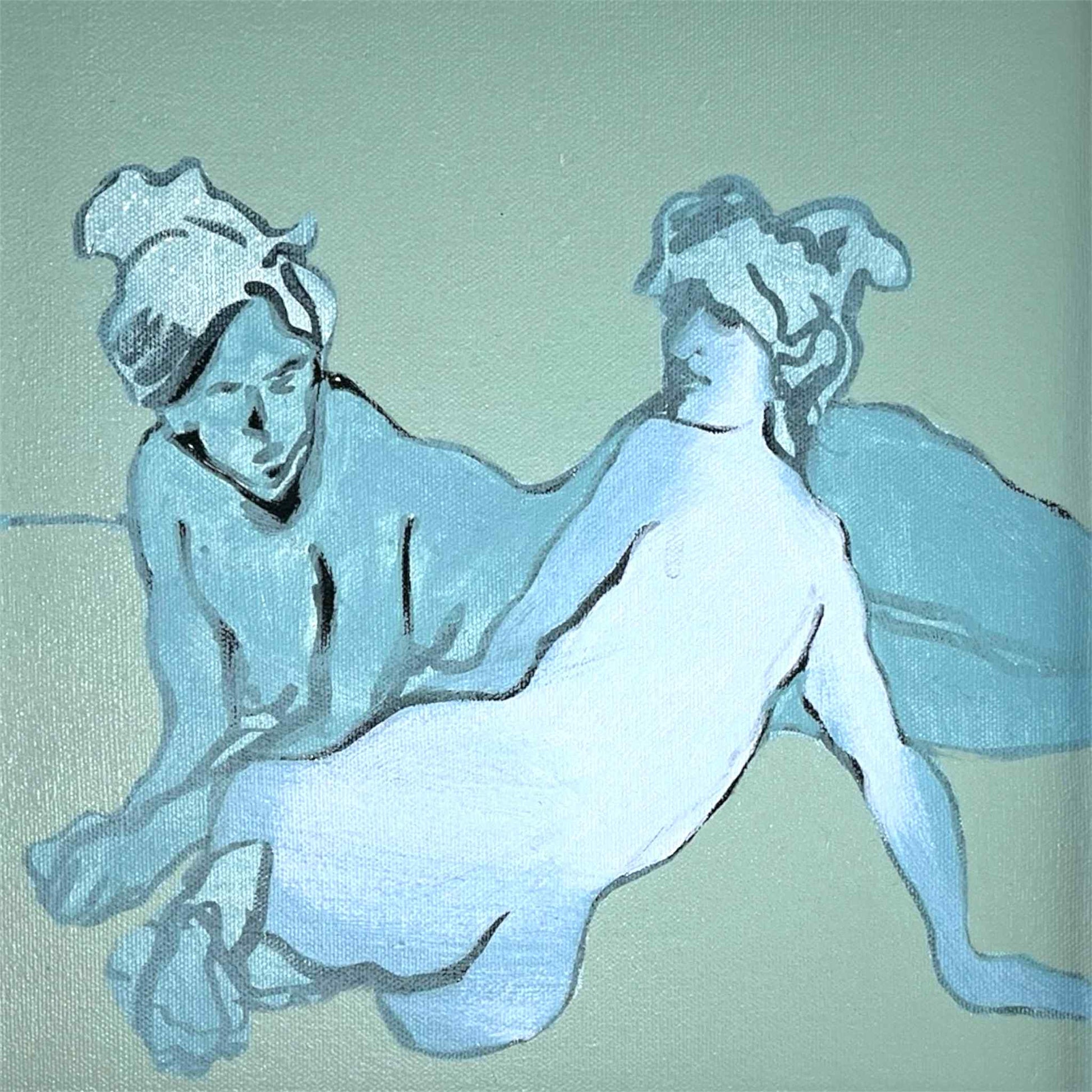 Original Mixed media painting of figures on canvas with a blue background in a white wash frame by Annette Sullivan Art