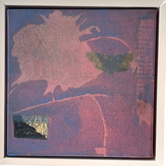 An original mixed media painting on canvas of flowers leaves on a pink background in a white wood frame by Annette Sullivan Art