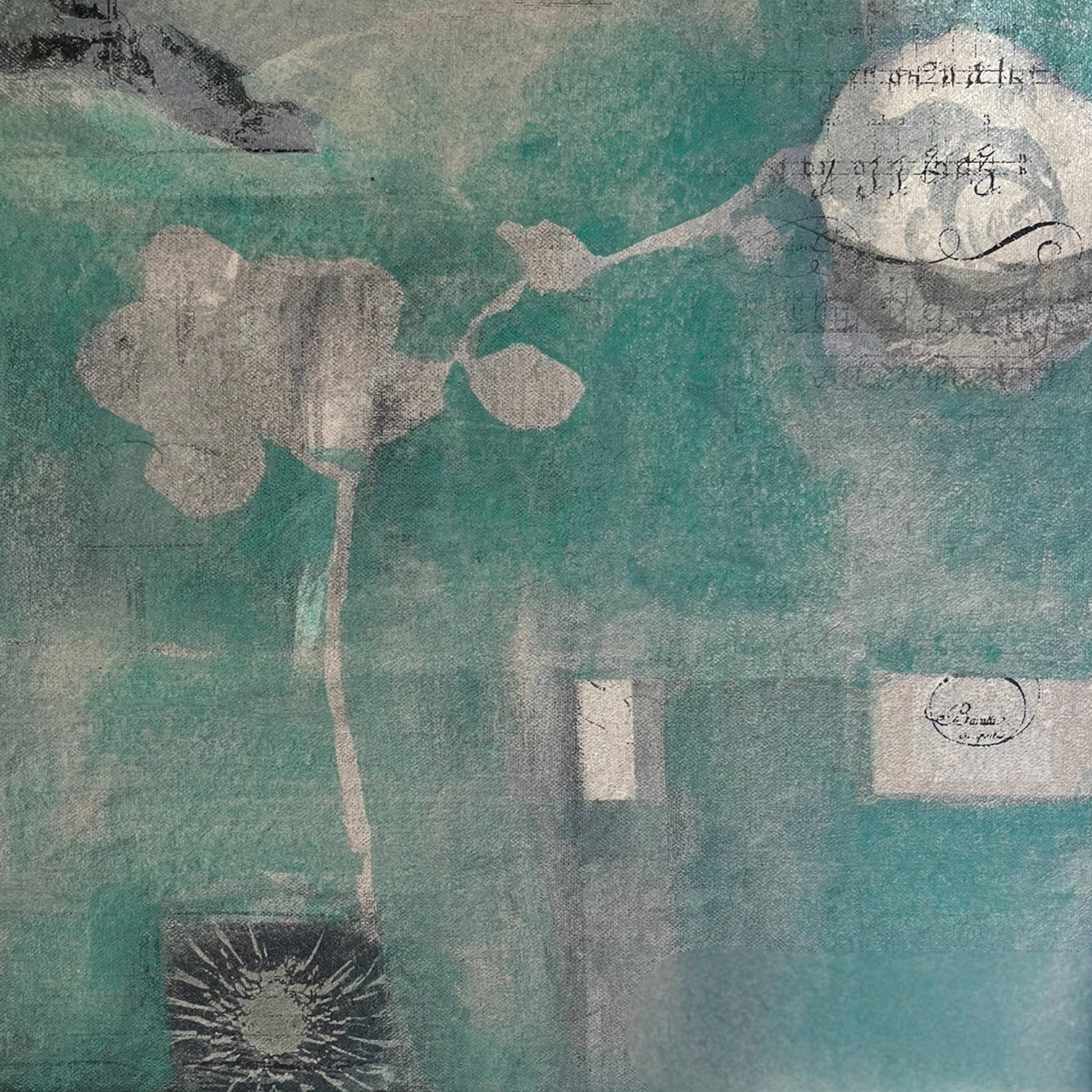 An original mixed media painting on canvas of flowers and music on a turquoise background in a white wash wood frame by Annette Sullivan Art