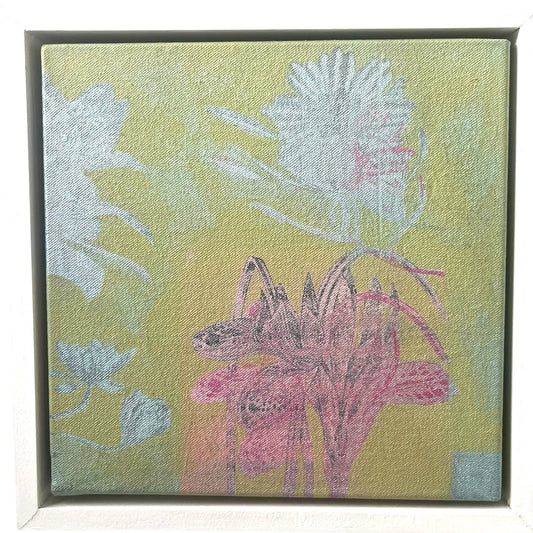 An original mixed media painting on canvas of flowers and on a yellow background in a white wood frame by Annette Sullivan Art