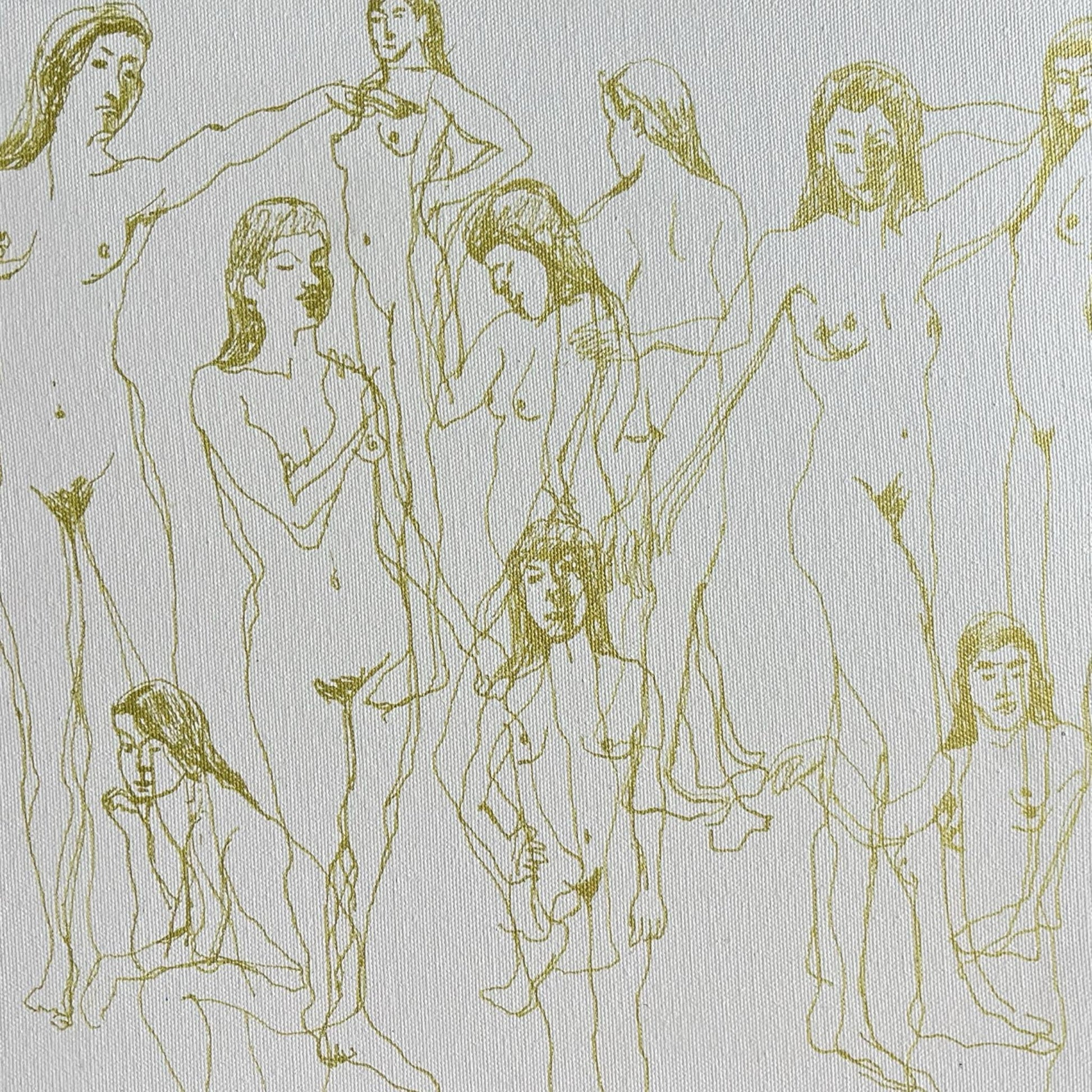 An original mixed media painting on canvas of figures on a white background in a white wood frame by Annette Sullivan