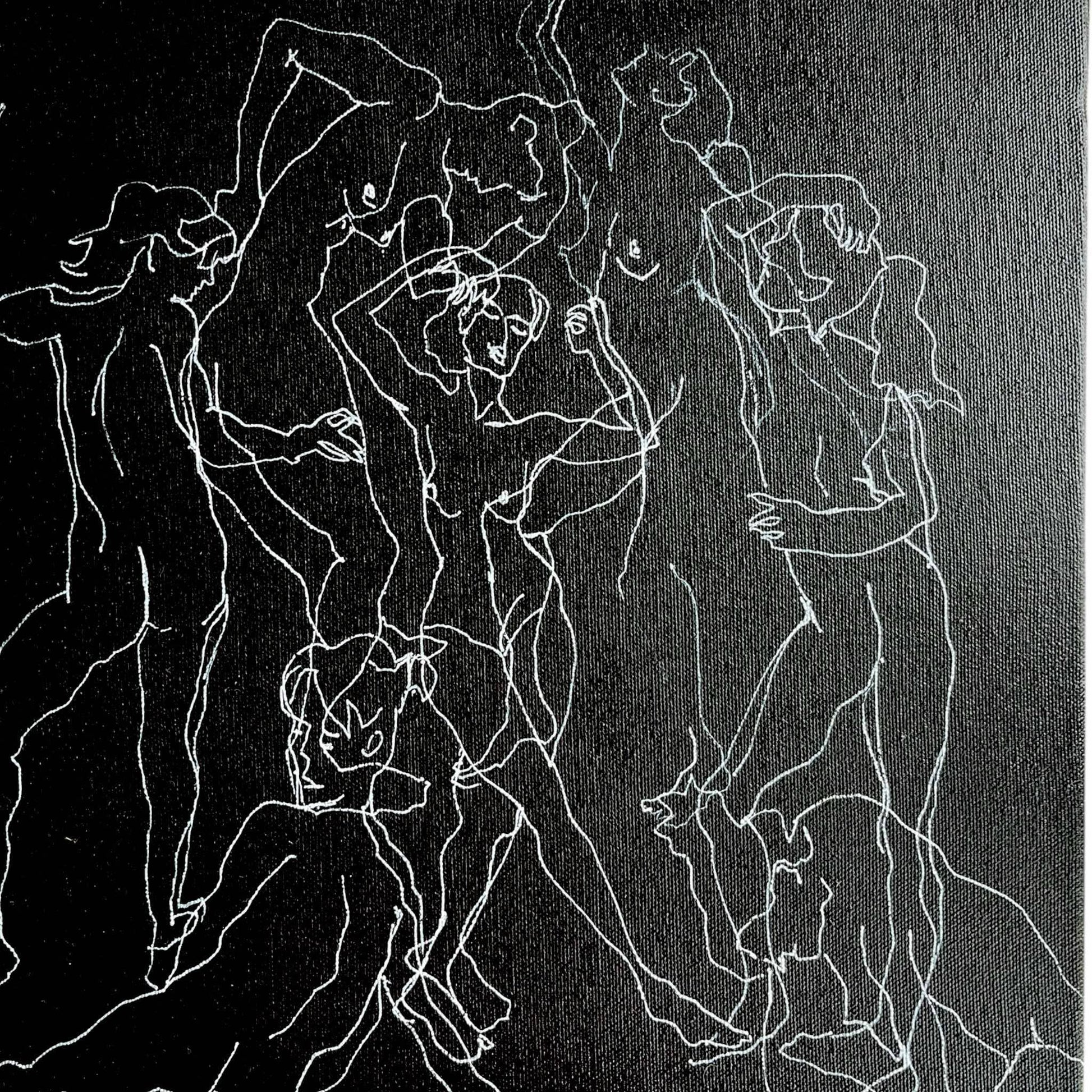 An original mixed media artwork on canvas of figures on a black background in a white wood frame by Annette Sullivan Art