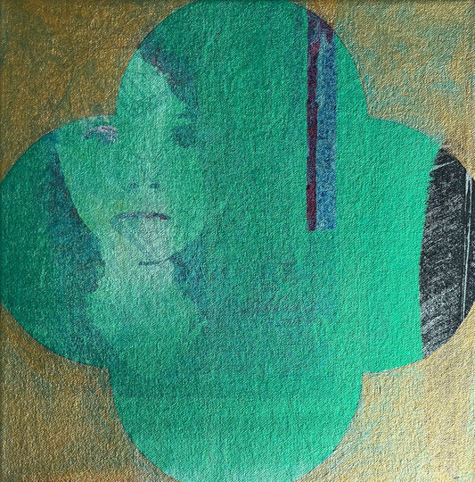 Sold Original Mixed Media Painting on Canvas of a face and abstract shapes in green, gold Framed by Annette Sullivan Art