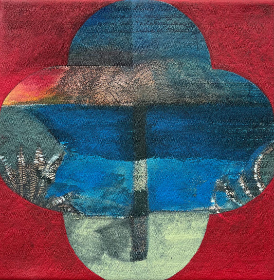  Sold Original Mixed Media Painting on Canvas of tree and abstract shapes of red, blue & turquoise Framed by Annette Sullivan Art